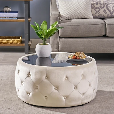 Streamdale Modern Glam Velvet Ottoman with Button-Tufted Stitch and Glass Top