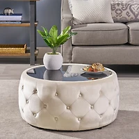 Streamdale Modern Glam Velvet Ottoman with Button-Tufted Stitch and Glass Top