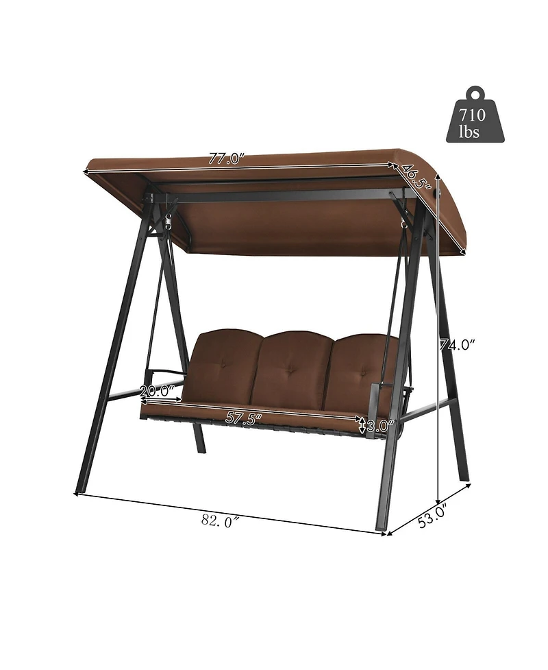 Slickblue Outdoor 3-Seat Porch Swing with Adjust Canopy and Cushions-Coffee