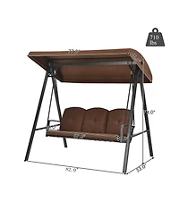 Slickblue Outdoor 3-Seat Porch Swing with Adjust Canopy and Cushions-Coffee