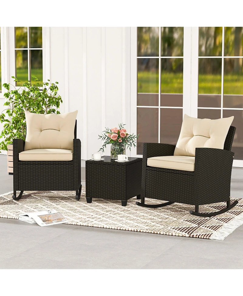 Slickblue Patio Rattan Roker Chairs with Tempered Glass Table and Soft Cushions for Backyard Poolside Porch-Beige