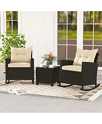 Slickblue Patio Rattan Roker Chairs with Tempered Glass Table and Soft Cushions for Backyard Poolside Porch-Beige