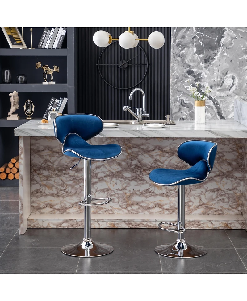 Streamdale Furniture Masaccio Velvet Upholstered Adjustable Swivel Barstool, Set of 2, Blue