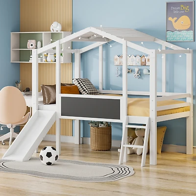 Streamdale Twin Loft Bed with Ladder, Slide, Blackboard, and Light Strip