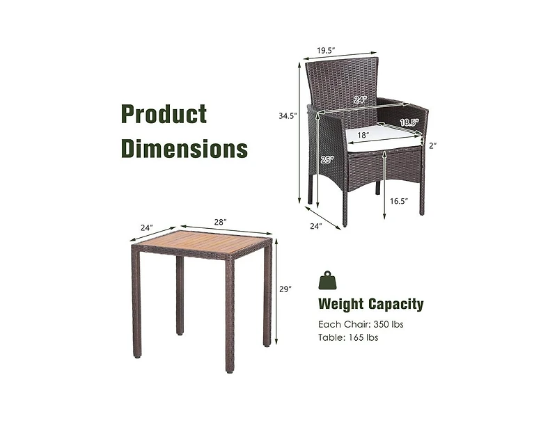 Slickblue 3 Pieces Patio Wicker Furniture Set wih Acacia Wood Table Top and Chair Cushiones