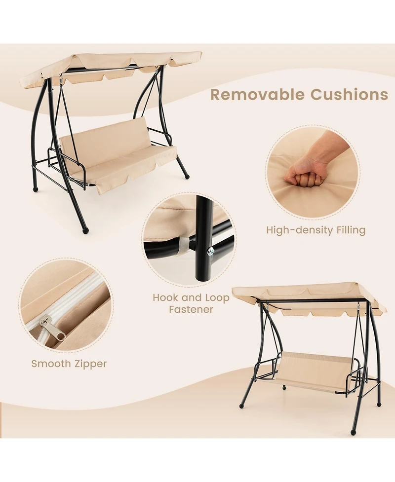 Slickblue 2-Seat Outdoor Convertible Swing Chair with Flat Bed and Adjustable Canopy-Beige