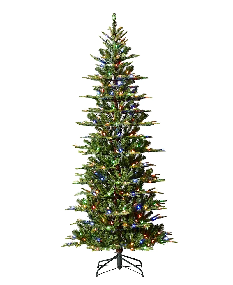 Glitzhome 7.5ft Pre Lit Green Slim Fir Artificial Christmas Tree with 350 strawberry Lights,9 Functional Warm White Multi color, remote controller