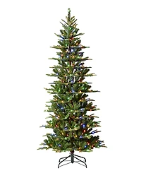 Glitzhome 7.5ft Pre Lit Green Slim Fir Artificial Christmas Tree with 350 strawberry Lights,9 Functional Warm White Multi color, remote controller