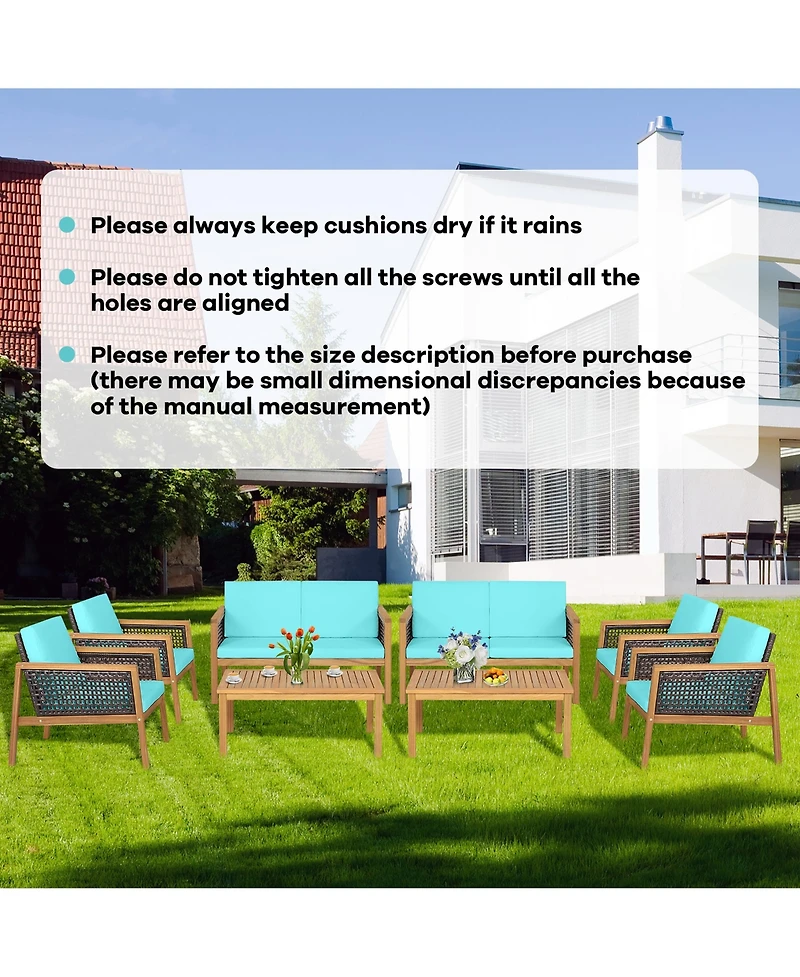 8PCS Patio Rattan Furniture Set Acacia Wood Cushioned Sofa