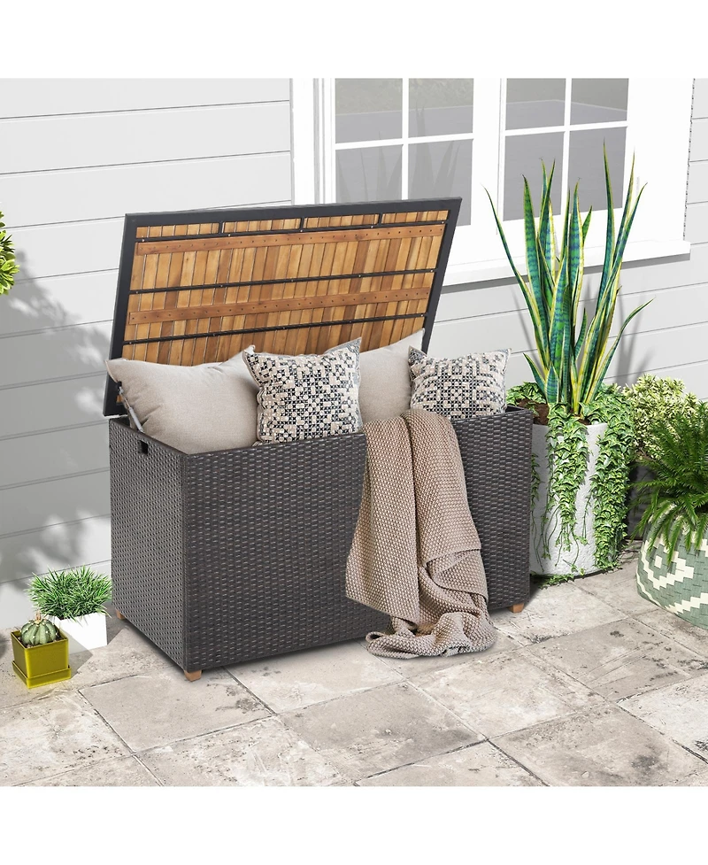 Slickblue 134 Gallon Rattan Storage Box with Zippered Liner and Solid Acacia Wood Top