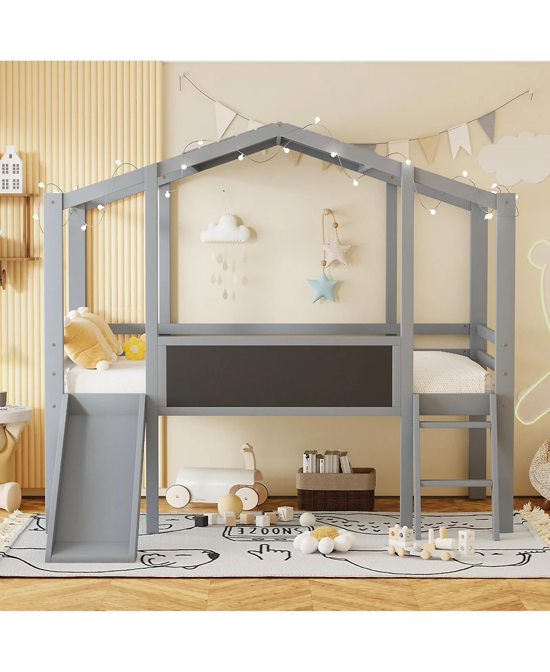 Streamdale Twin Loft Bed with Ladder, Slide, Blackboard, and Light Strip