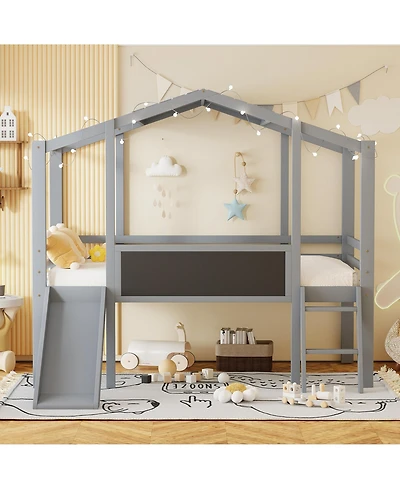Streamdale Twin Loft Bed with Ladder, Slide, Blackboard, and Light Strip