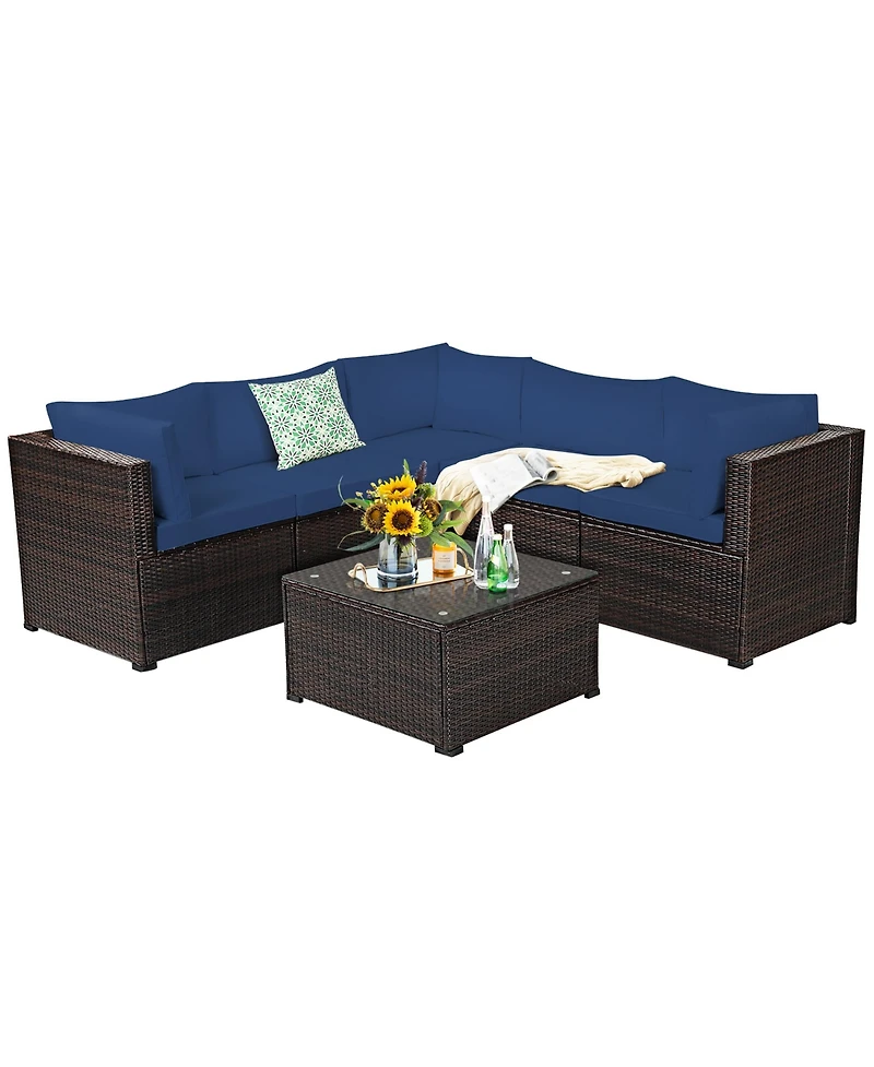 6PCS Patio Rattan Furniture Set Sectional Cushioned Sofa Deck