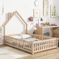 Simplie Fun Full House-Shaped Headboard Floor Bed With Fence, Natural
