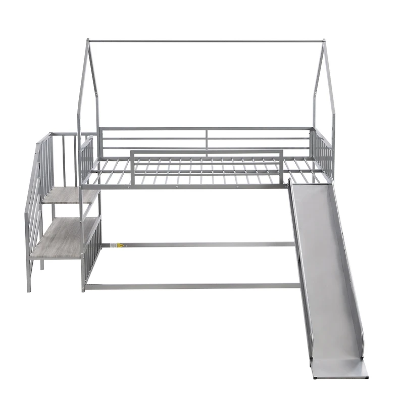 Simplie Fun Twin Size Metal Bunk Bed House Bed With Slide And Staircase
