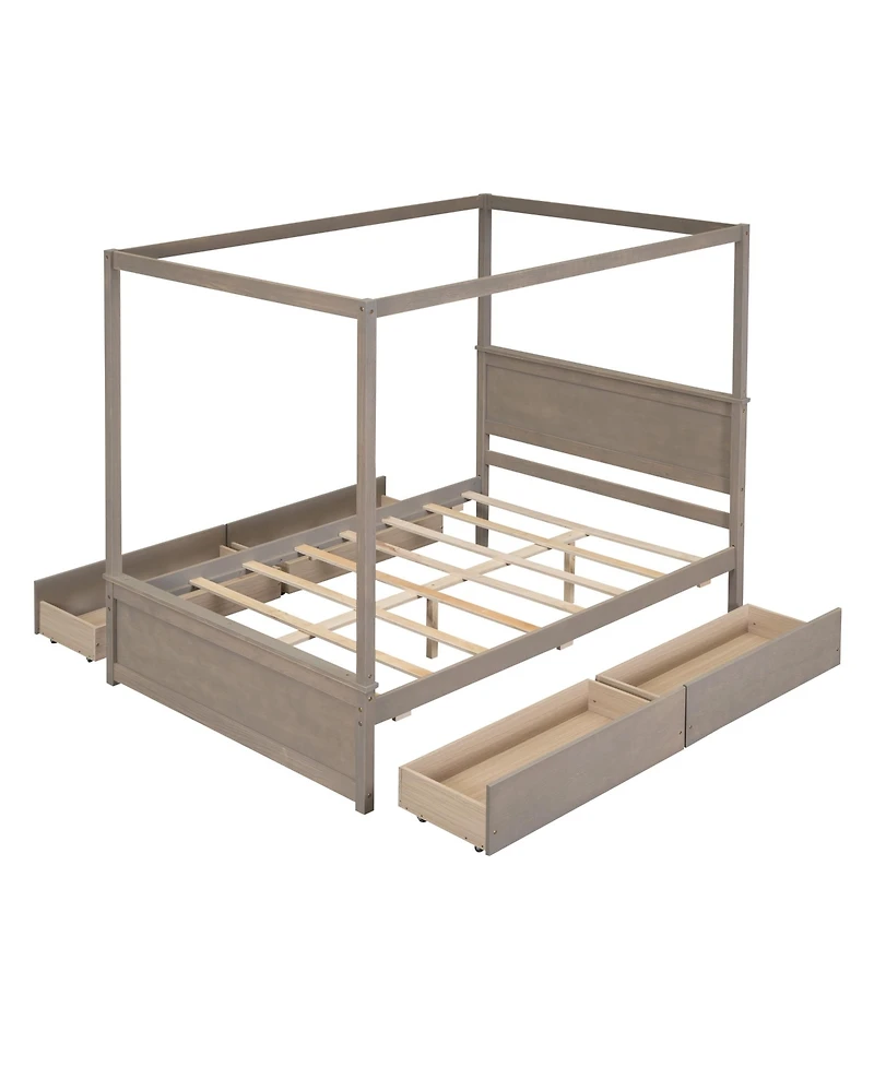 Streamdale Full Size Wood Canopy Bed with Drawers, Brushed White