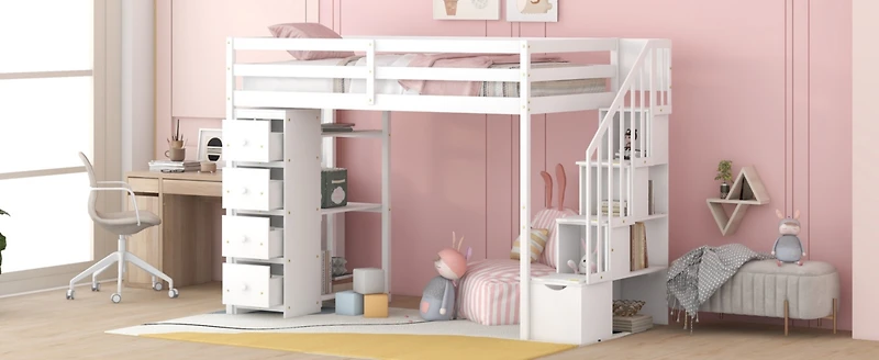 Streamdale Loft Bed with Storage, Stairs, and Shelves