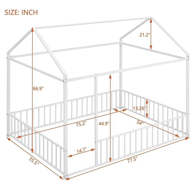 Streamdale Metal House Bed Frame with Fence for Kids