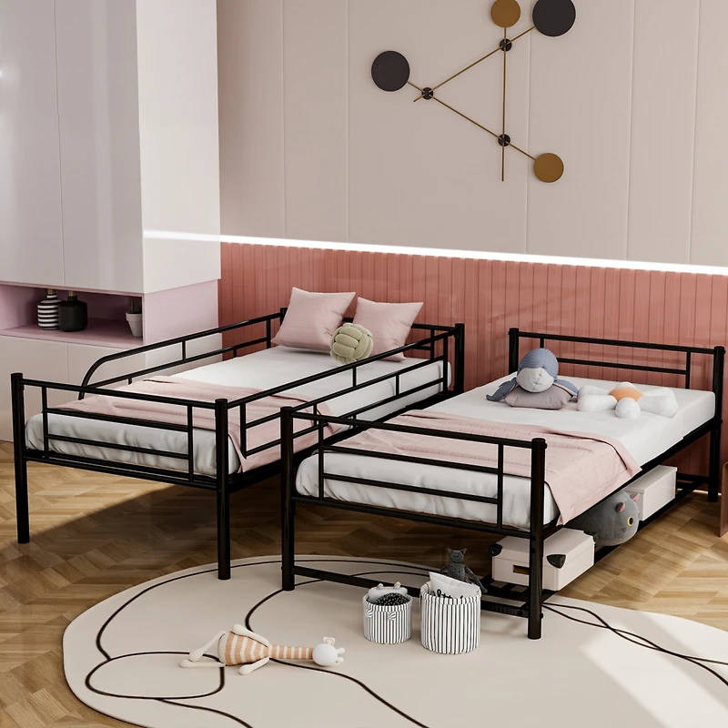 Streamdale Twin Over Metal Bunk Bed With Shelf And Guardrails, White