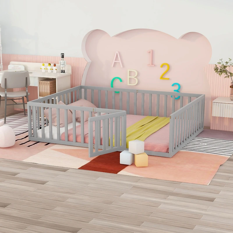 Streamdale Queen Wood Floor Bed Frame With Fence And Door