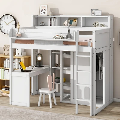 Streamdale Wood Twin Loft Bed With Multiple Storage Shelves And Wardrobe