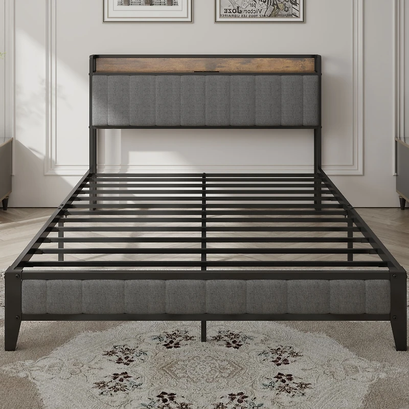 Streamdale Queen Bed Frame with Charger, Upholstered Grey Headboard