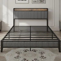 Streamdale Queen Bed Frame with Charger, Upholstered Grey Headboard