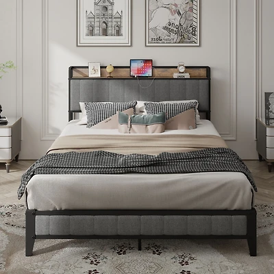 Streamdale Queen Bed Frame with Charger, Upholstered Grey Headboard