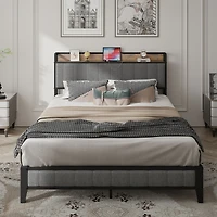Streamdale Queen Bed Frame with Charger, Upholstered Grey Headboard