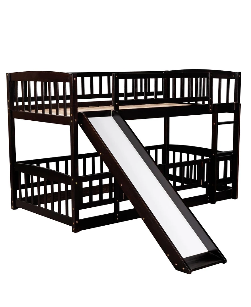 Bunk Bed With Slide, Twin Over Twin Low Bunk Bed With Fence And Ladder For Toddler Kids Teens