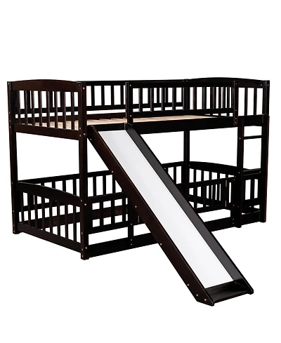 Bunk Bed With Slide, Twin Over Twin Low Bunk Bed With Fence And Ladder For Toddler Kids Teens