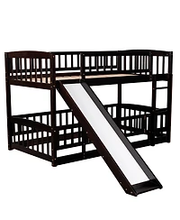 Bunk Bed With Slide, Twin Over Twin Low Bunk Bed With Fence And Ladder For Toddler Kids Teens