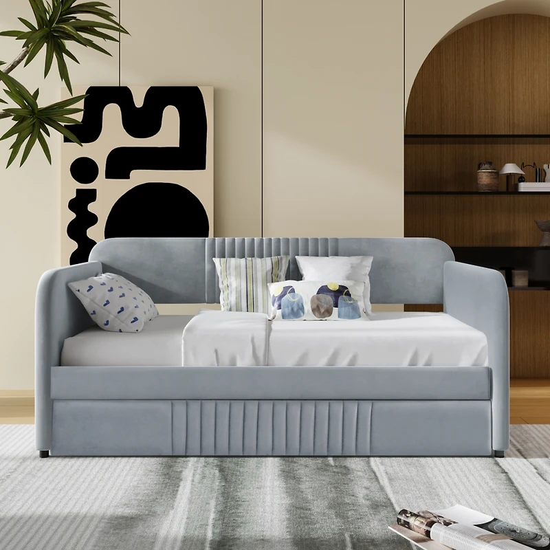 Streamdale Upholstered Daybed Sofa Bed Twin Size With Trundle Bed And Wood Slat