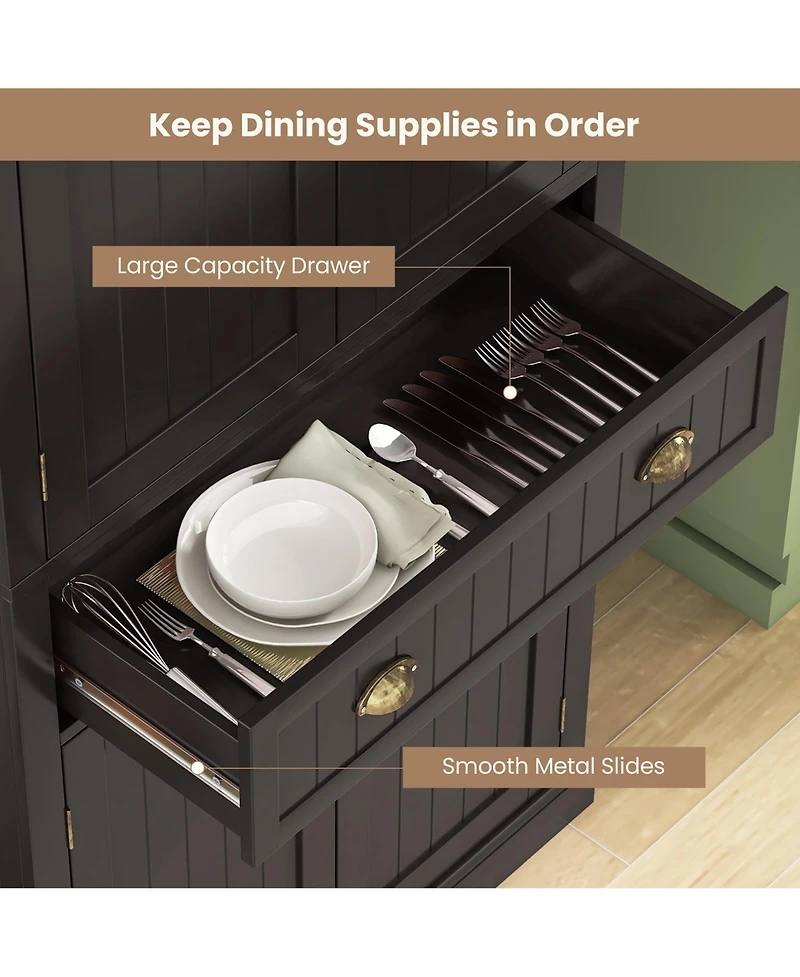 Gymax 72'' Kitchen Pantry Storage Cabinet Tall Freestanding Cupboard w/ 4 Doors Large Drawer Brown