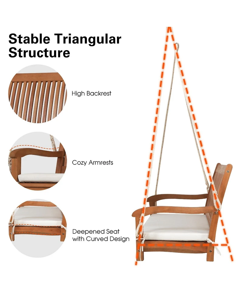 Slickblue 2-Person Hanging Porch Swing Wood Bench with Cushion Curved Back