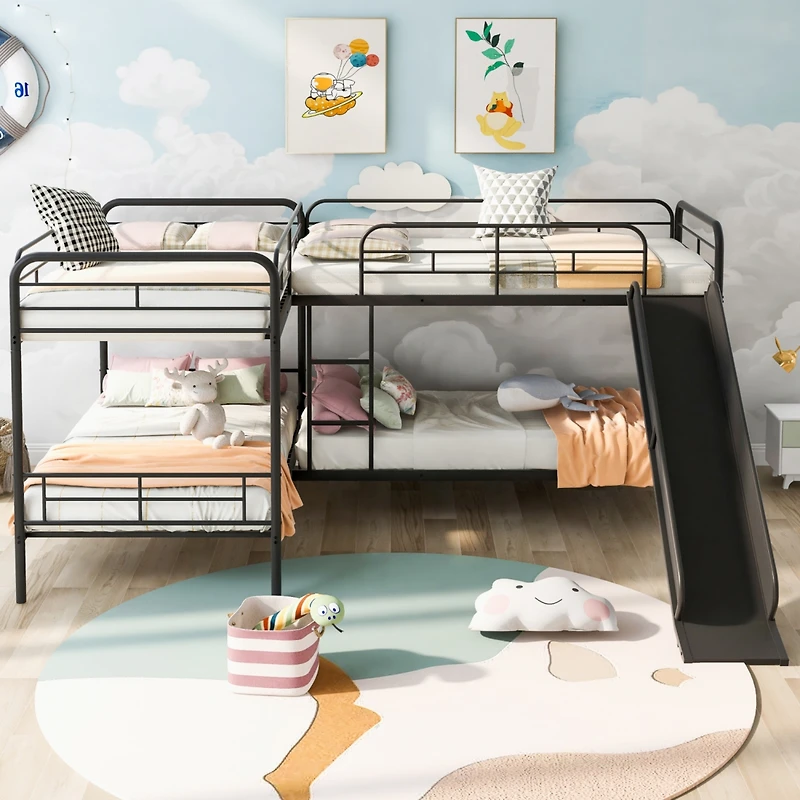 Simplie Fun Twin Size L-Shaped Bunk Bed With Slide And Ladder