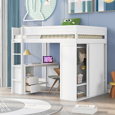 Simplie Fun Wood Full Size Loft Bed With Wardrobes And 2-Drawer Desk With Cabinet