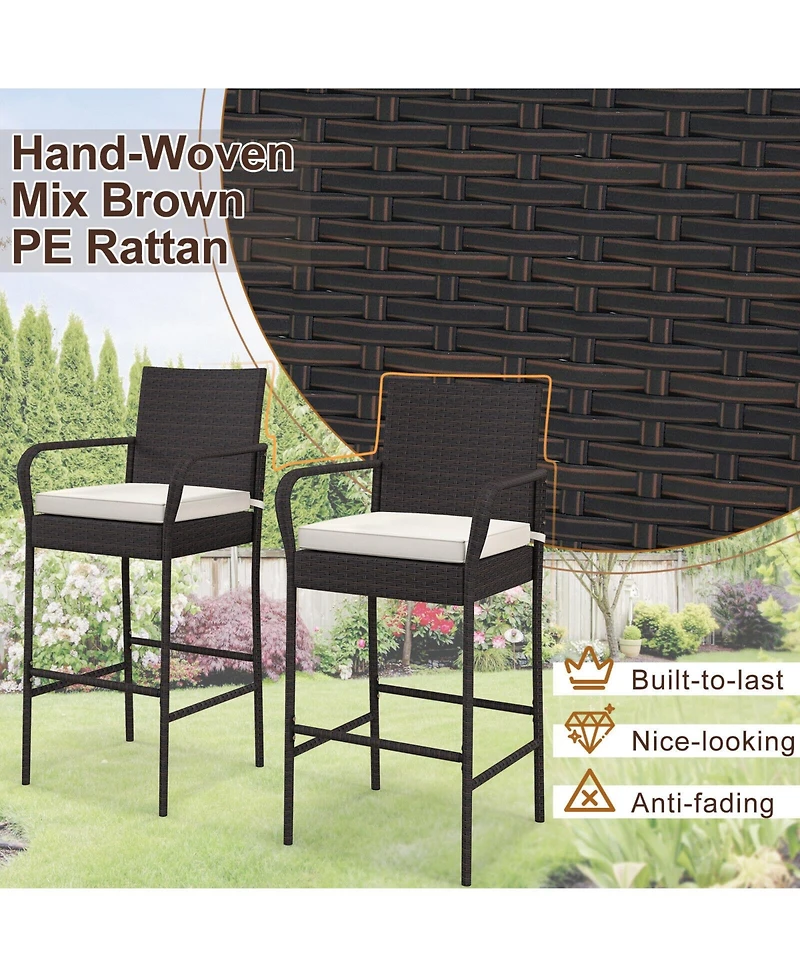 Slickblue Outdoor Pe Rattan Cushioned Barstool Set with Armrests