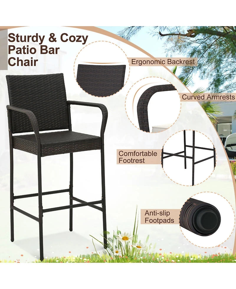 Slickblue Outdoor Pe Rattan Cushioned Barstool Set with Armrests