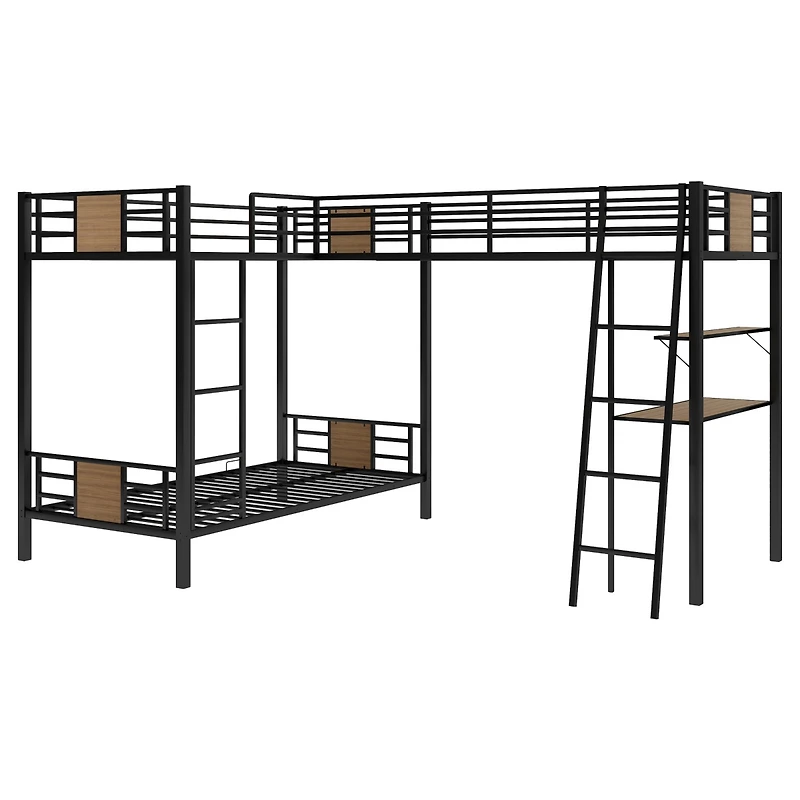 Simplie Fun L-Shaped Twin Over Twin Bunk Bed With Twin Size Loft Bed With Desk And Shelf, Brown
