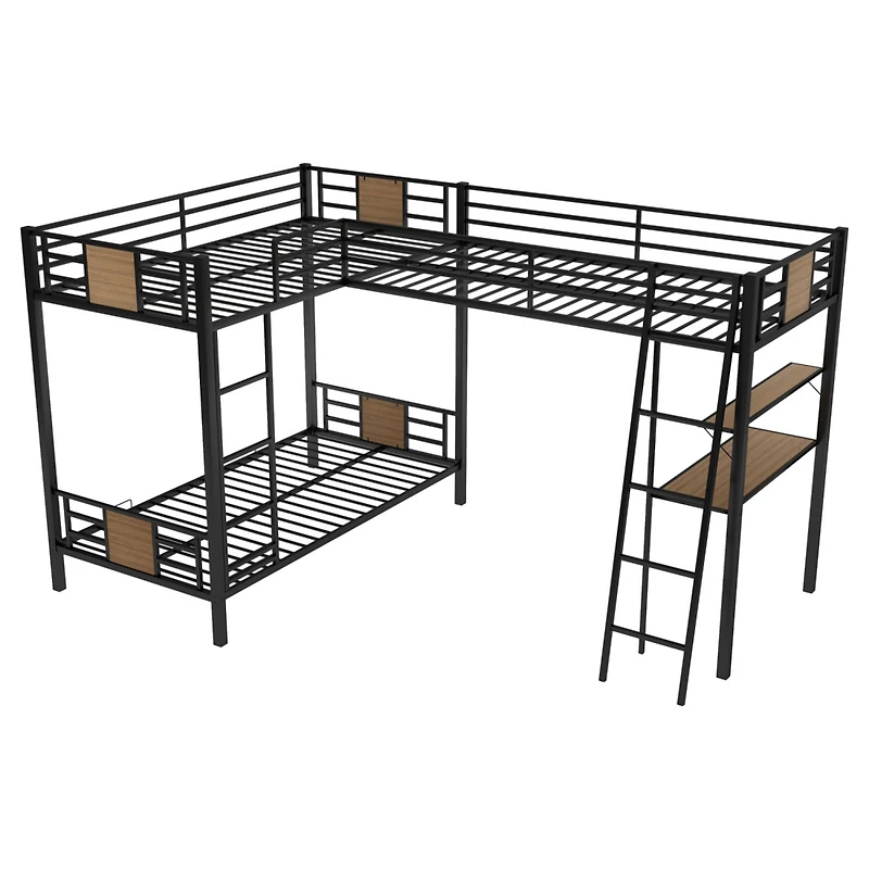 Simplie Fun L-Shaped Twin Over Twin Bunk Bed With Twin Size Loft Bed With Desk And Shelf, Brown