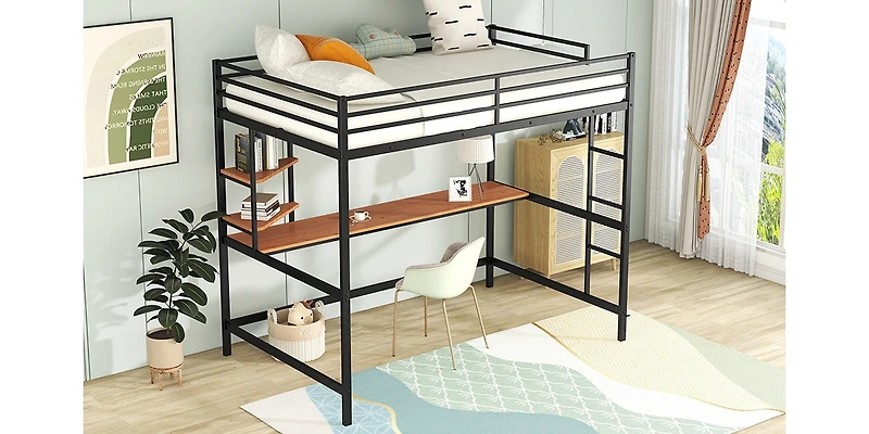 Streamdale Full Metal Loft Bed With Desk And Shelves