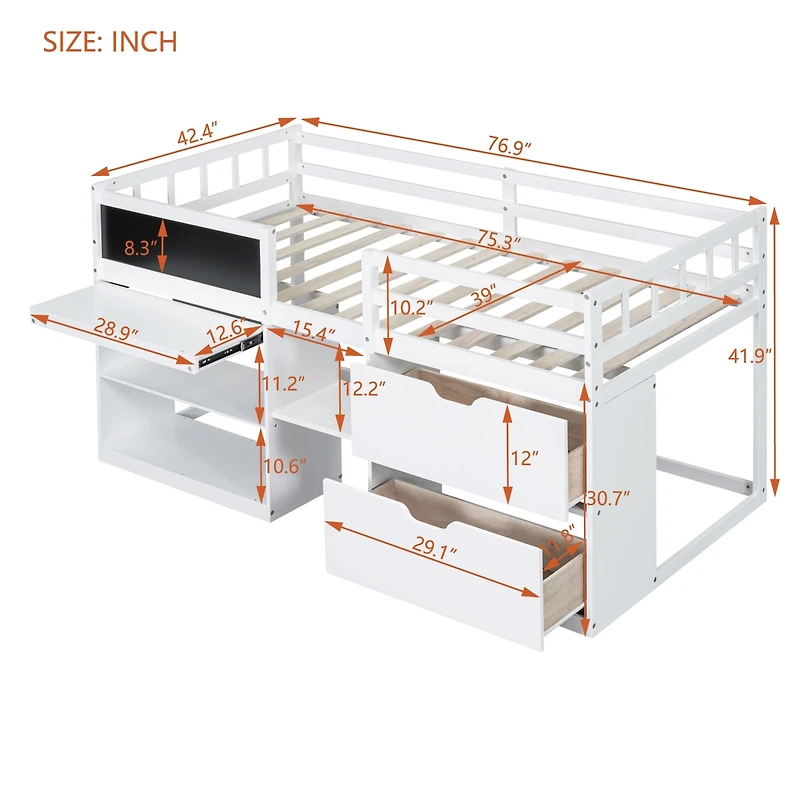 Streamdale Twin Low Loft Bed With Rolling Desk, Shelf And Drawers