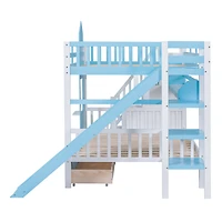 Simplie Fun Full-Over-Full Castle Style Bunk Bed with 2 Drawers 3 Shelves and Slide - White