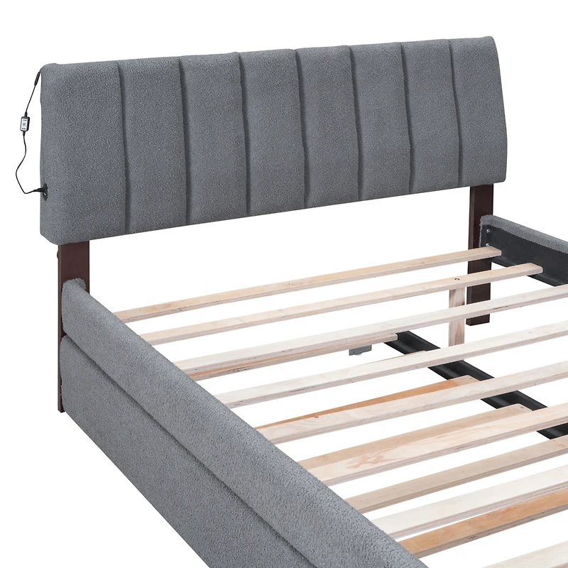 Streamdale Teddy Fleece Full Upholstered Platform Bed With Trundle, Beige