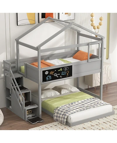 Simplie Fun Twin Over Full House Bunk Bed With Storage Staircase And Board