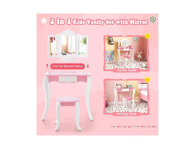 Slickblue Kid's Wooden Vanity Table and Stool Set with 3-Panel Acrylic Mirror-White