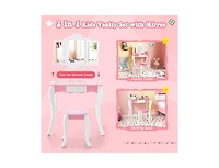 Slickblue Kid's Wooden Vanity Table and Stool Set with 3-Panel Acrylic Mirror-White