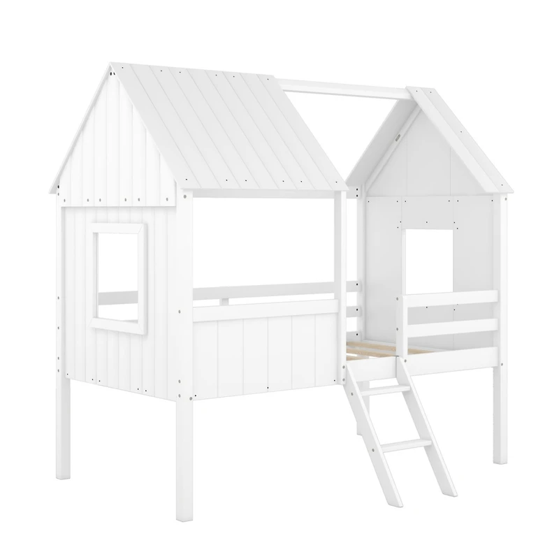 Streamdale Twin Size Low Loft Wood House Bed With Two Side Windows (White)
