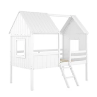 Streamdale Twin Size Low Loft Wood House Bed With Two Side Windows (White)